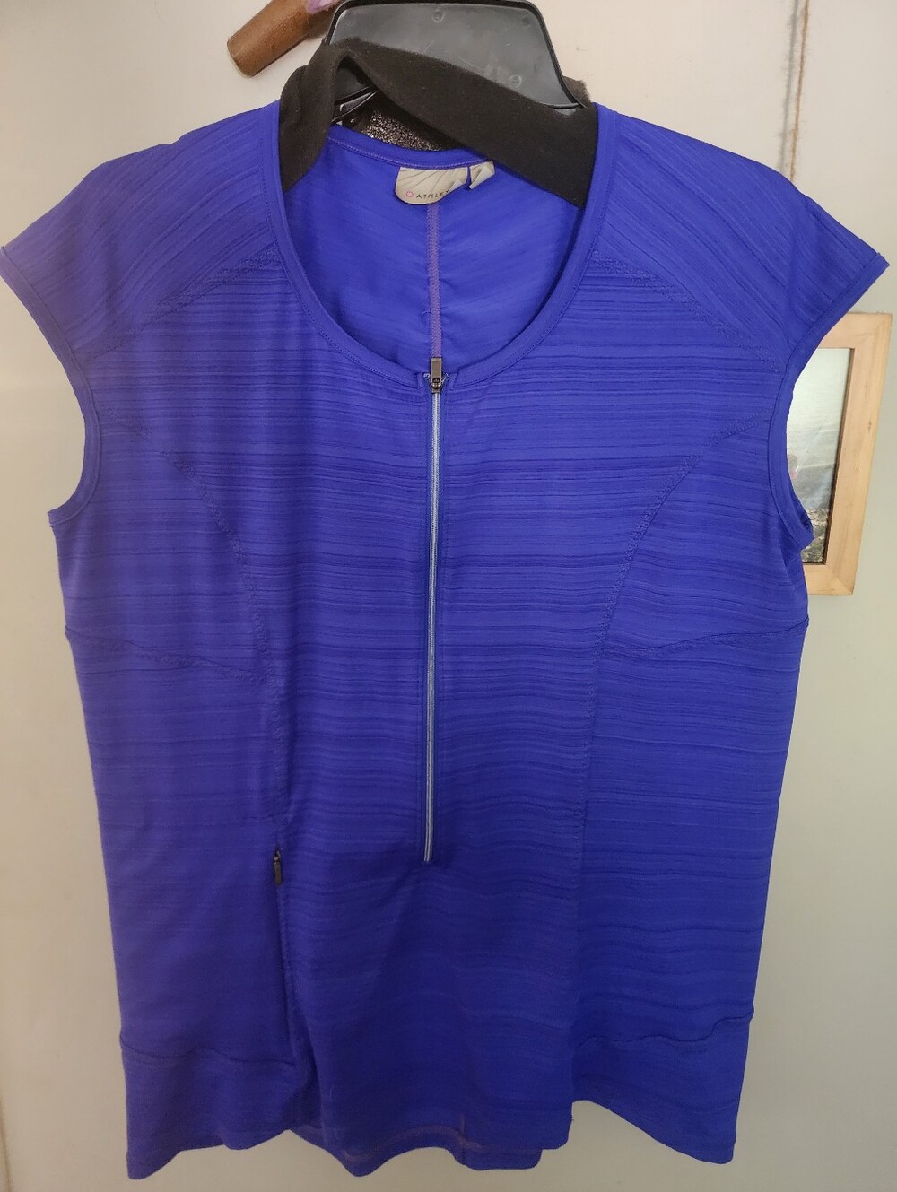Womens Athleta Blue Pacifica Half Zip Ruched Back Short Sleeve Top Shirt XL